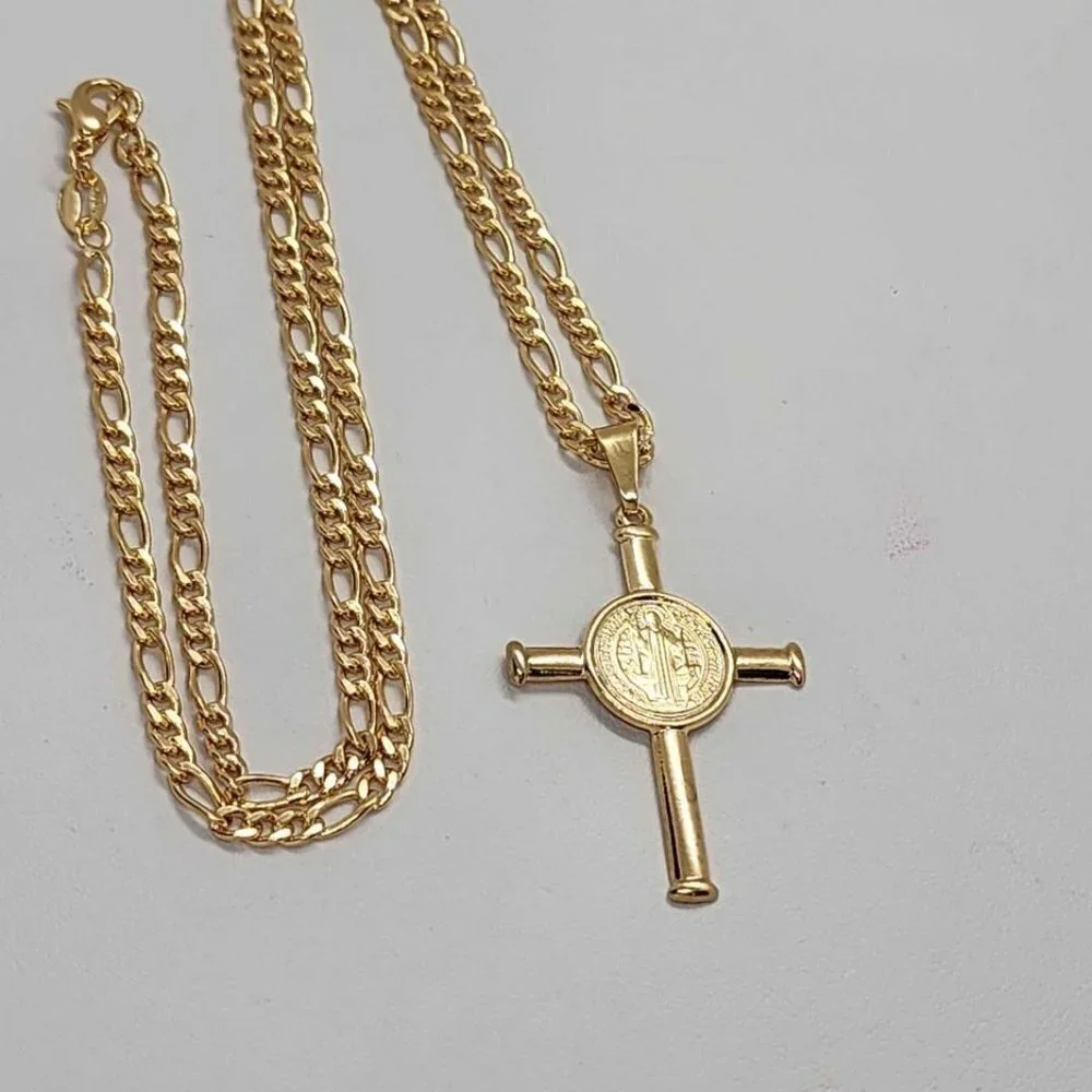Brand New   Brazilian 18k Gold Filled Cross with  San Benedict Necklace